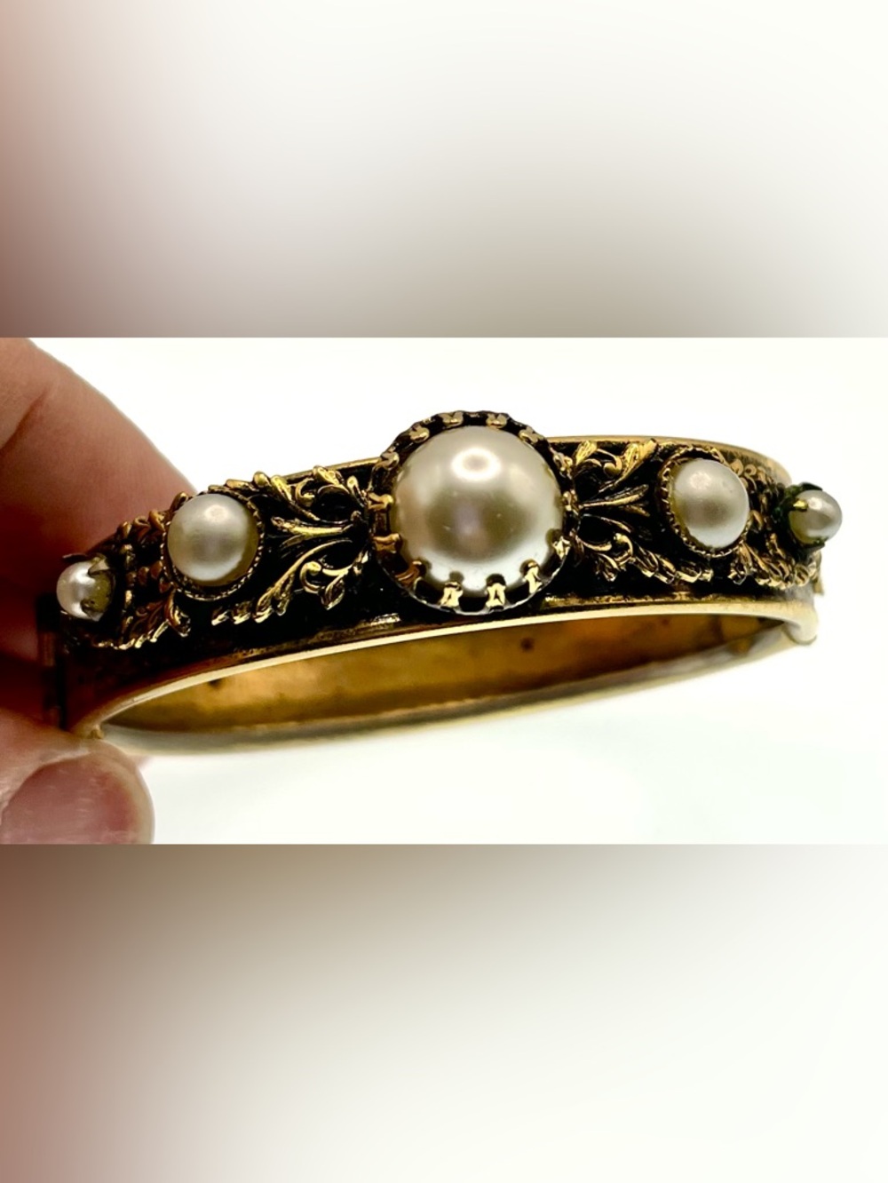 Vintage Gold Tone Faux Pearl Hinged Bangle Bracelet Embossed Ornate 60s